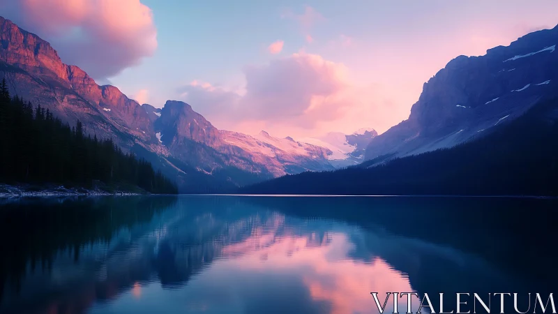 Glacial alpine lake under bicolor twilight sky reflection.