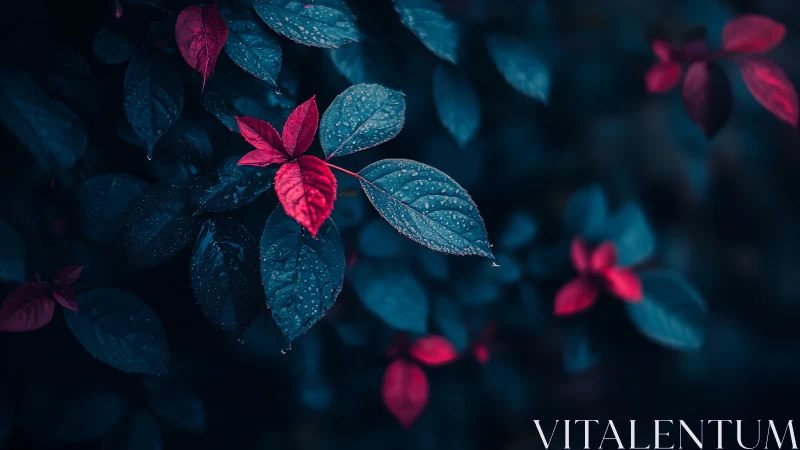 Crimson leaves on teal foliage with night garden bokeh.