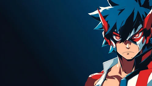 Blue haired anime hero in red armor on dark background.