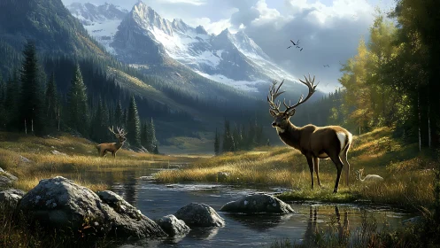 Stag beside alpine river under towering snowy peaks.