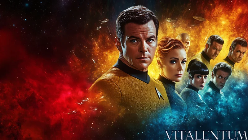 Starfleet bridge crew amid explosive cosmic nebulae poster.