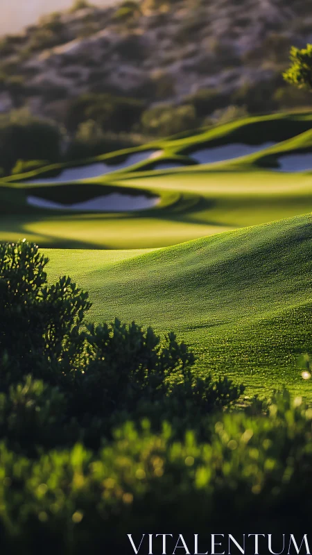 Undulating golf course fairway with bunkers and rough terrain.