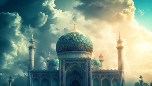 Sunlit turquoise mosque domes contrast against dramatic clouds