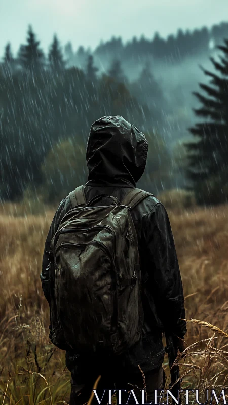 Rain-soaked hiker in misty forest clearing, vertical frame.