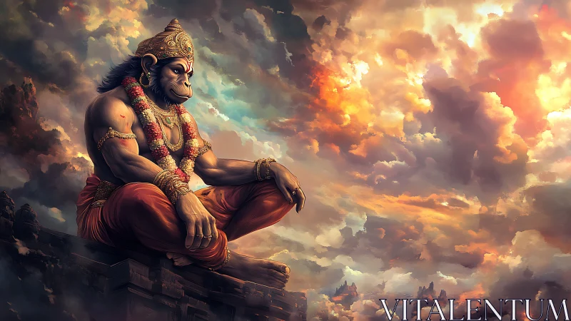 Mythic simian figure sits on stone ledge under dense clouds