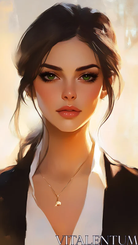 Quiet confidence in soft light with thoughtful green eyes.