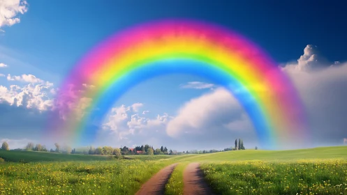 Country lane dreaming beneath a luminous double rainbow arc.