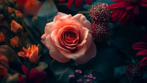 Coral Rose in Bloom Against Deep Garden Shadows.