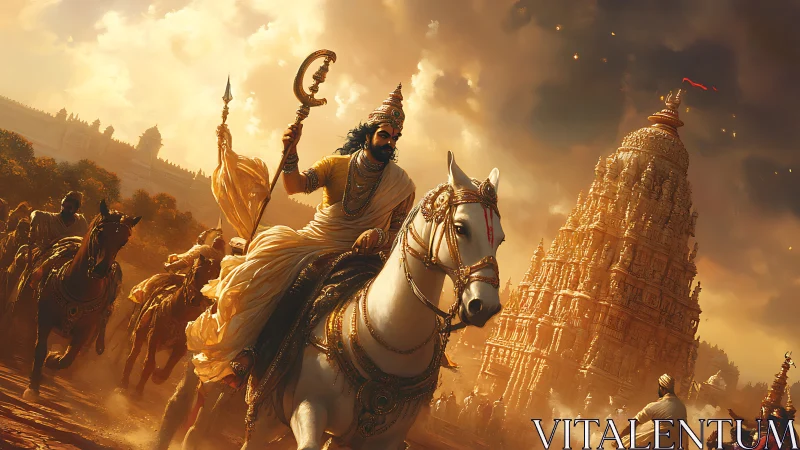 Mythic warrior king riding toward sunlit temple battlements.