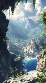 Sunlit cliffside village embracing turquoise mountain bay.