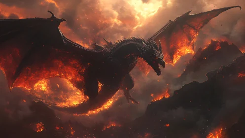 Fire dragon over erupting volcanic wasteland at dusk.