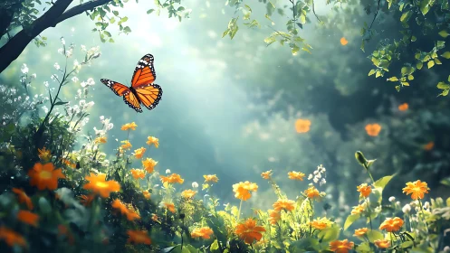 Monarch butterfly in sunlit wildflower meadow, dreamy nature scene.
