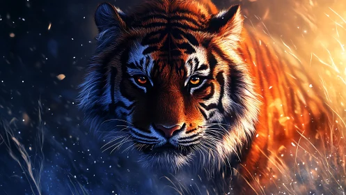 Tiger portrait in contrasting blue and orange light.