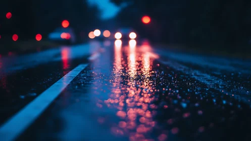 Wet night highway with defocused headlights and bokeh glow.