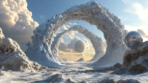 Icy arch formations frame reflective spheres in alien vista