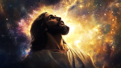 Digital figure in profile is positioned before luminous nebula