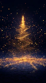 Glowing golden Christmas tree made of sparkling stardust.