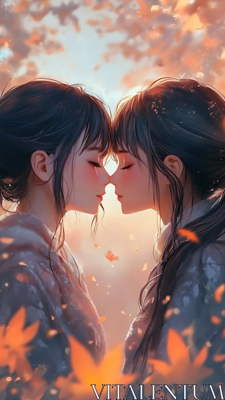 Ethereal Twin Souls Converging in Luminous Sunset Atmosphere.