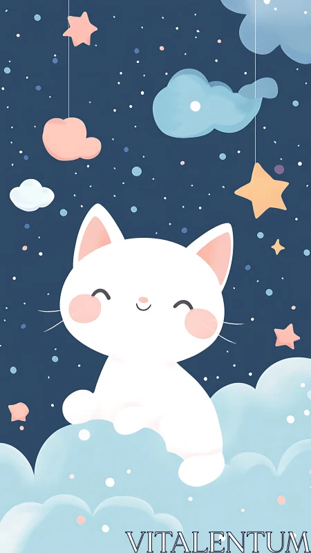 Dreaming White Kitten Soars Through Starlit Clouds.