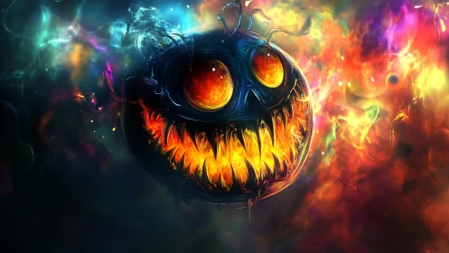 Glowing cosmic monster grins within swirling nebula fire.