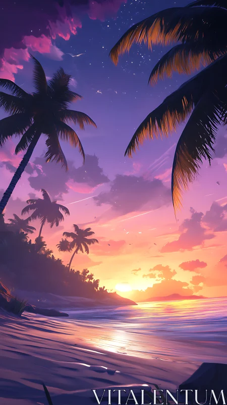 Digital painting coastal sunset with silhouetted palm canopy.