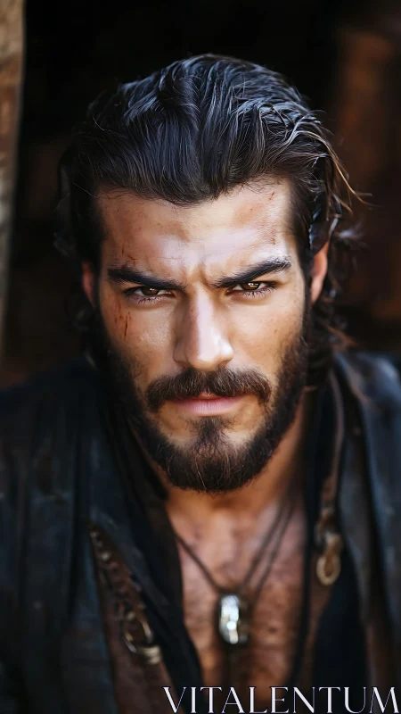 Bearded man stares intensely forward with rugged expression