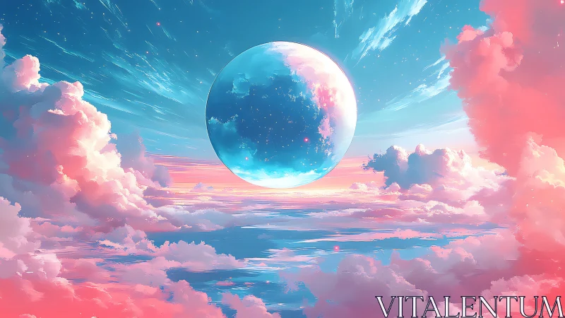 Dreamy sky ocean with glowing moon above cotton clouds.