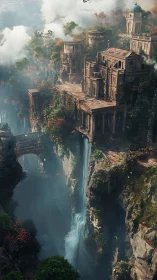 Clifftop stone citadel overlooks vast misty waterfall gorge.