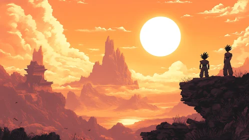 Twin warriors greeting a molten sunrise above mythic cliffs.