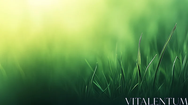 Close-up green grass blades in soft dreamy sunlight, nature art.
