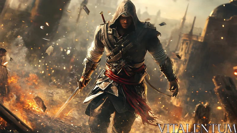 Hooded rogue advances through burning cityscape with dynamic debris
