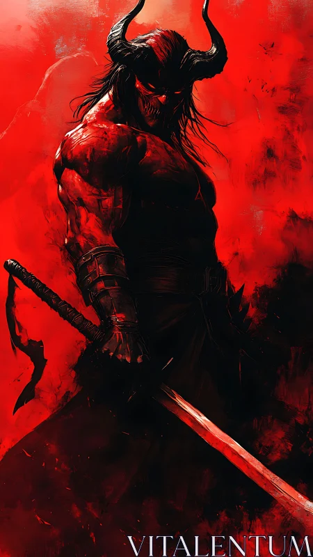 Horned humanoid swordsman stands in high contrast red field