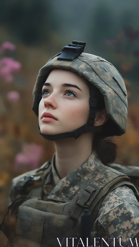 Photorealistic portrait of young soldier in soft defocused field.