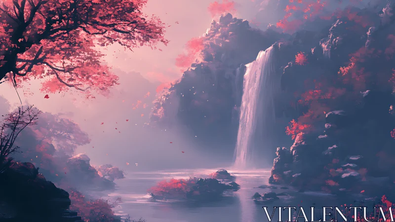 Ethereal waterfall cascades through a pink autumn valley.