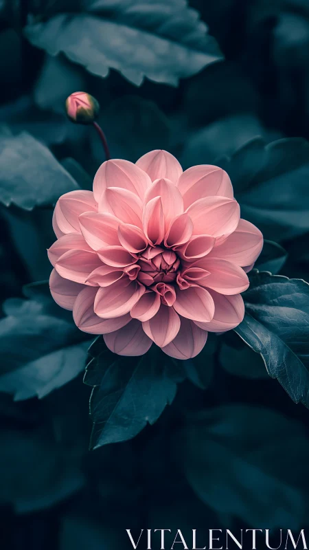 Pink Dahlia with Bud Against Deep Teal Foliage