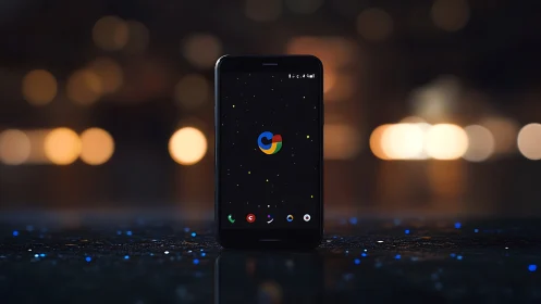 Smartphone displaying Google logo with night cityscape