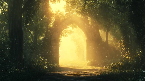 Backlit stone forest arch rendered with volumetric god rays