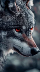 Wolf portrait shows intense red eyes and detailed silver fur