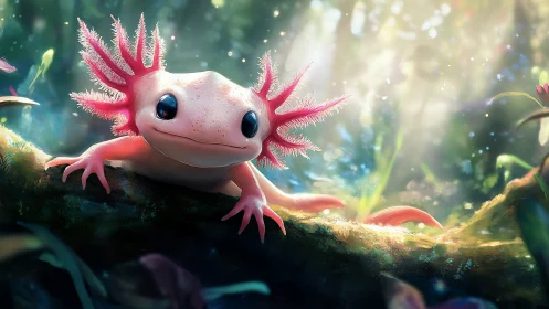 Bioluminescent axolotl rendered with soft subsurface scattering lighting