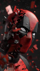 Fragmented red mask portrait in dynamic 3D shatter effect.