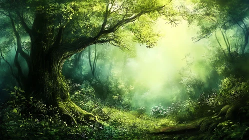 Enchanted Forest Clearing with Golden Sunlight