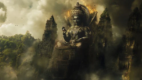Colossal deity statue integrated into eroded temple megastructure