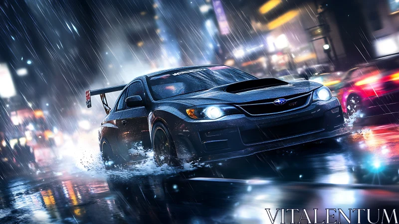 Night street racer carving through neon city rain.