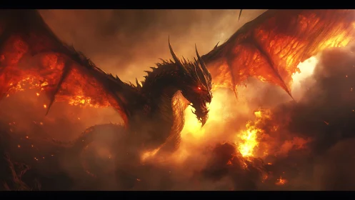 Fire dragon soars through storming skies above molten ruins