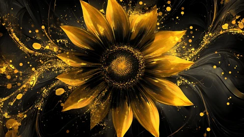 Golden sunflower on dark abstract splatter background.