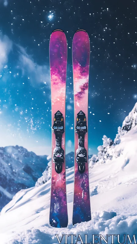 Galaxy graphic twin skis in dynamic alpine snowfall shot.