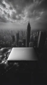 Closed laptop rests over stormy monochrome city skyline