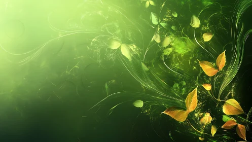 Golden leaves swirl gently through radiant green light