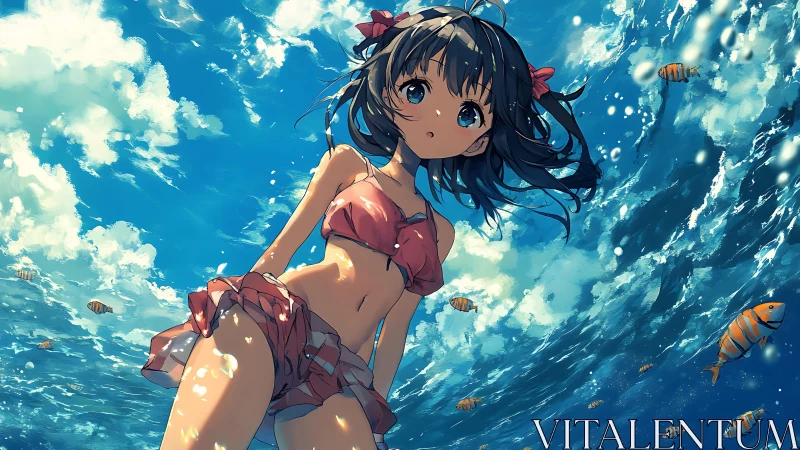 Anime girl in coral bikini gazes up through swirling ocean.