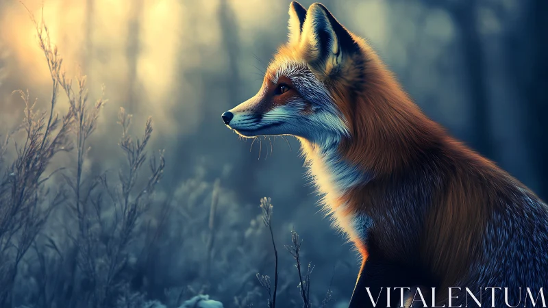 Fox in frosted meadow under cold golden sunrise glow.